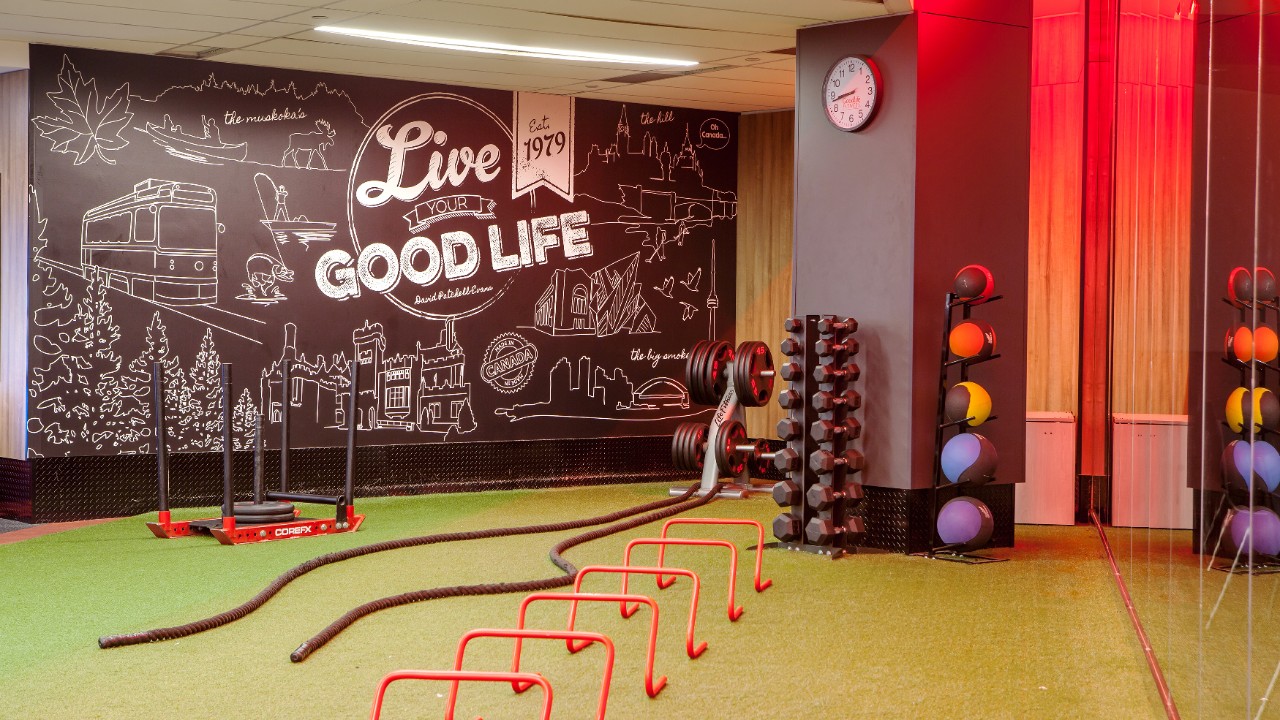 Childminding area in a GoodLife Fitness Club with a mural on the wall and equipment for kids