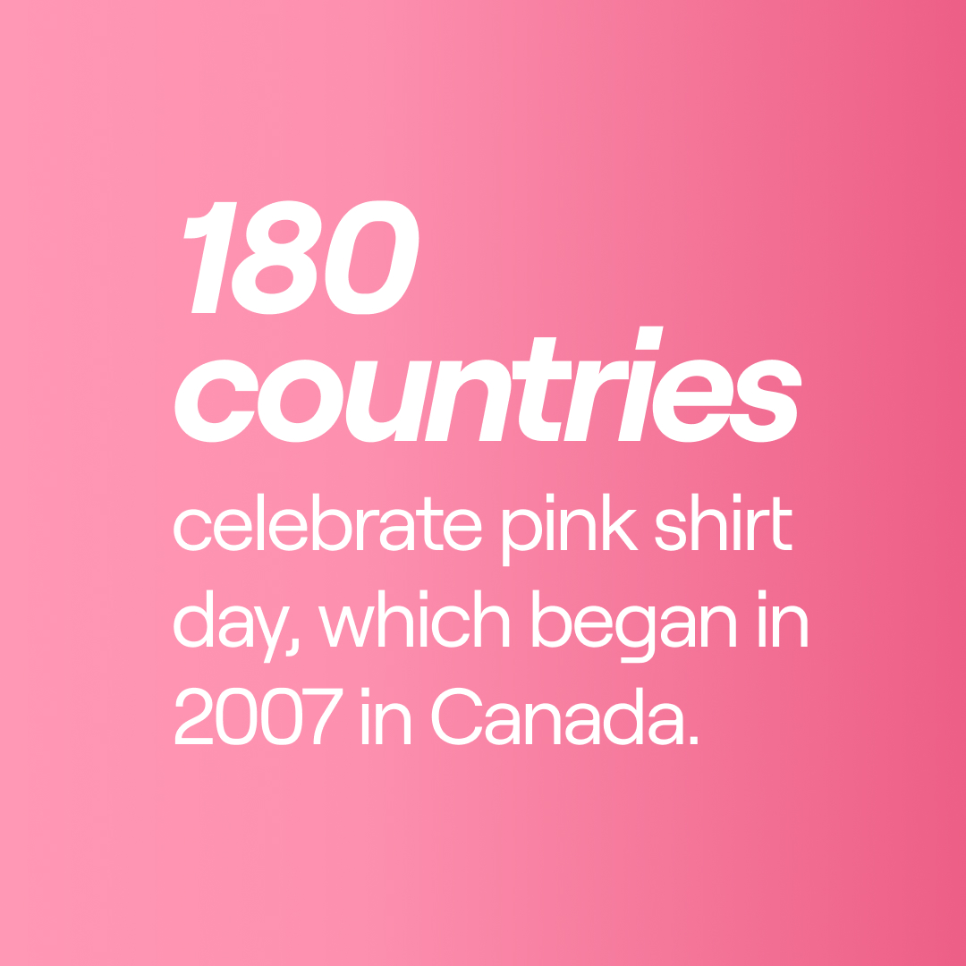 180 countries celebrate pink shirt day, which began in 2007 in Canada.